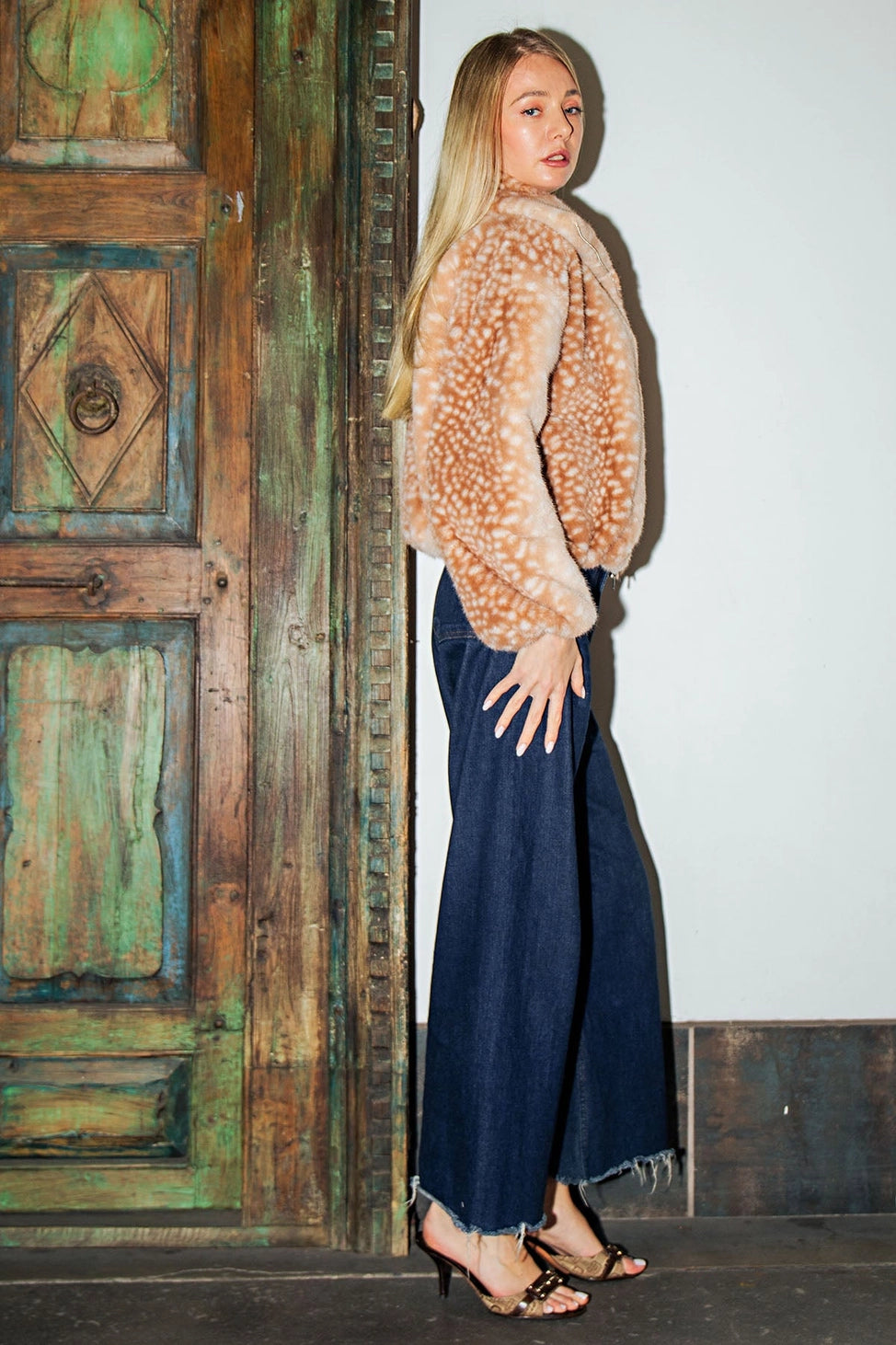 Bambi Print Faux Fur Cropped Jacket