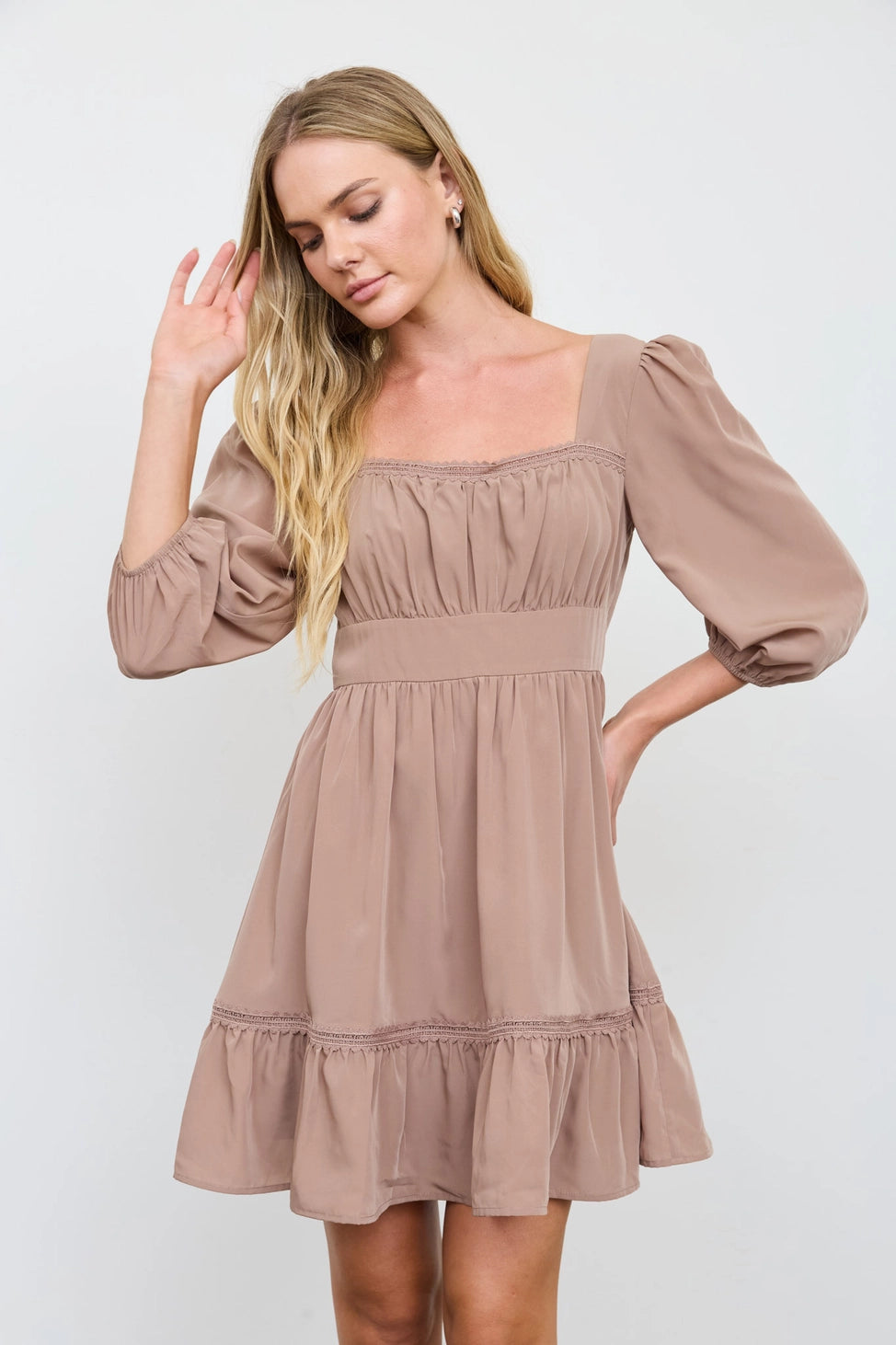 Lace Trim Puff Sleeve Mini Dress