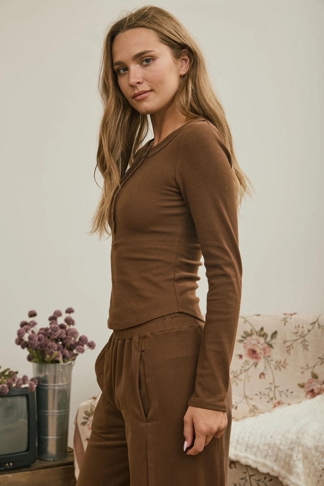 Ribbed Henley Knit Top