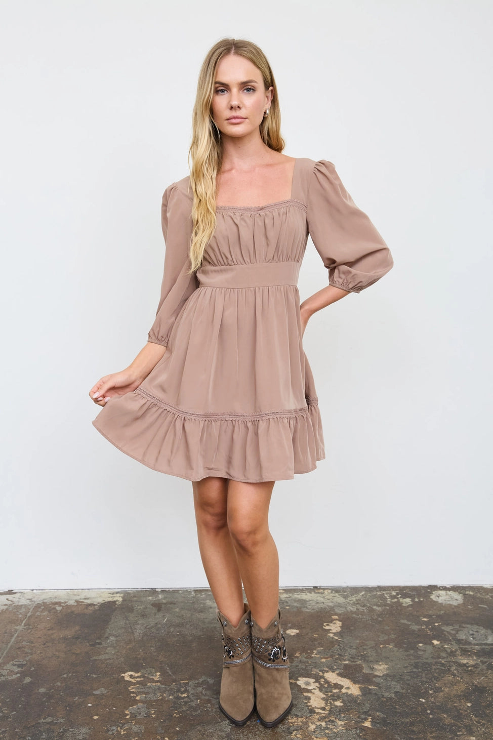 Lace Trim Puff Sleeve Mini Dress