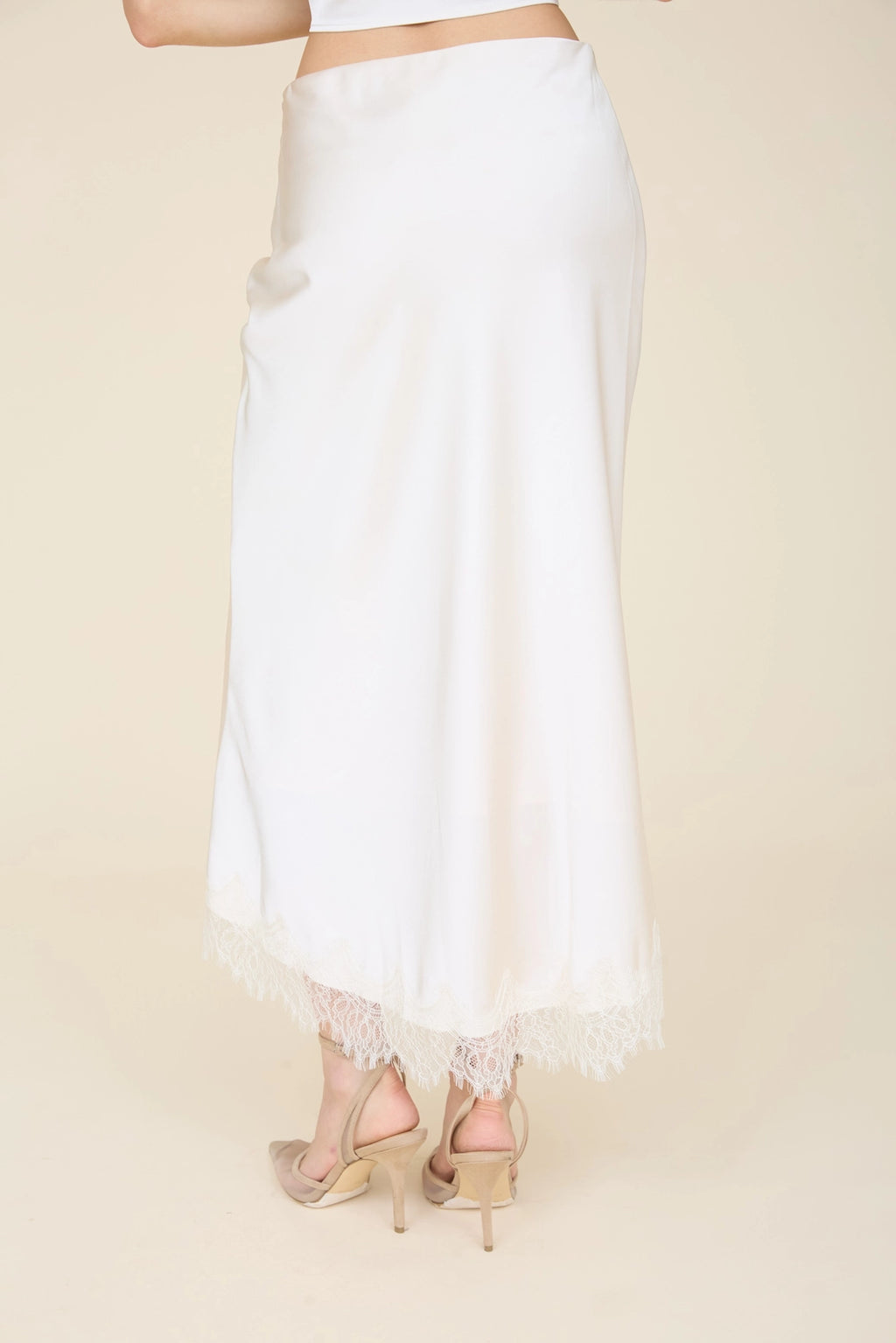 Satin Lace Hem Midi Skirt