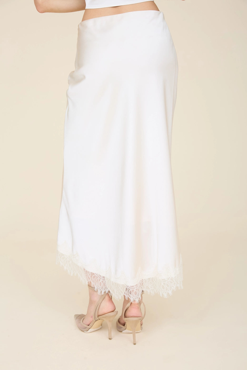 Satin Lace Hem Midi Skirt