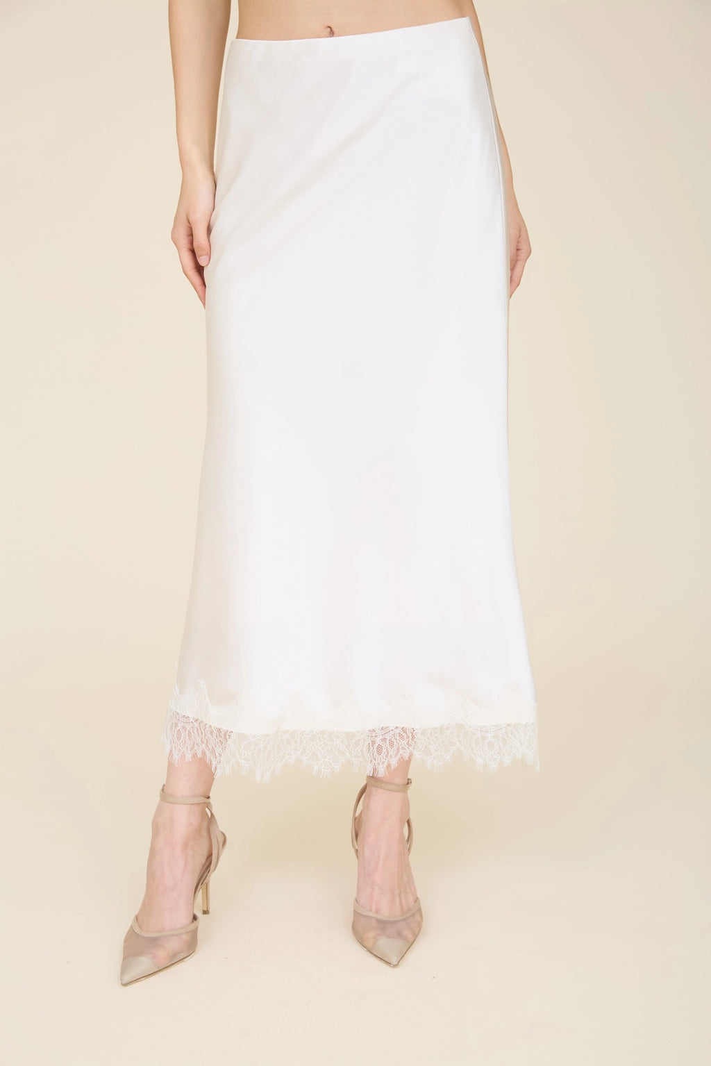 Satin Lace Hem Midi Skirt