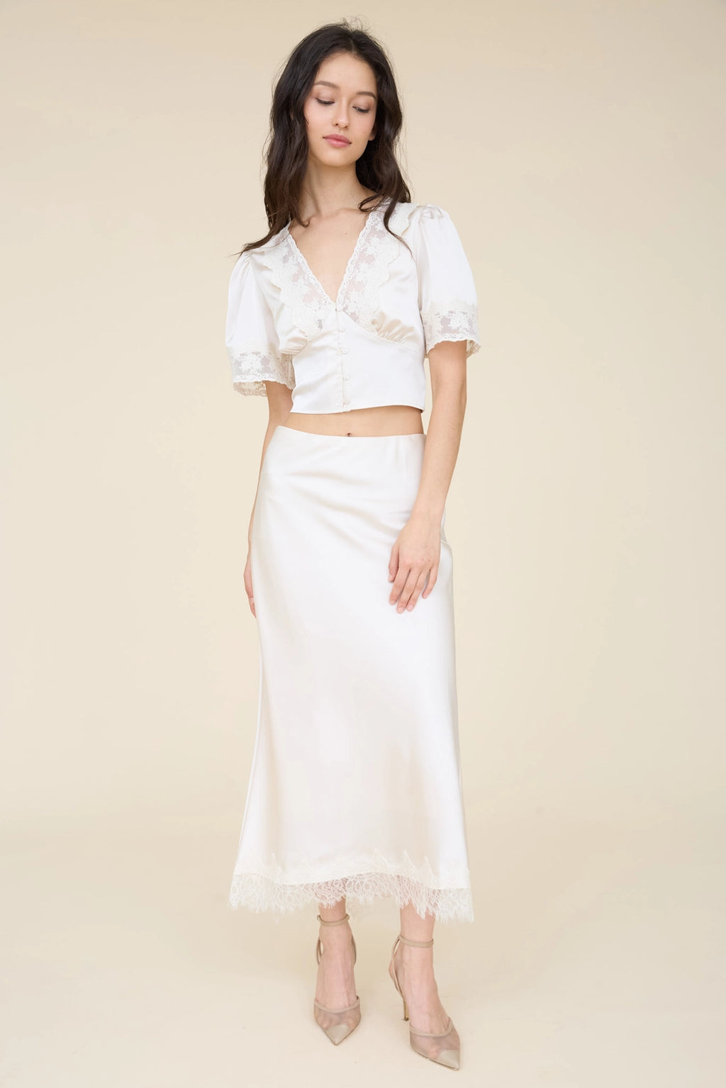 Satin Lace Hem Midi Skirt