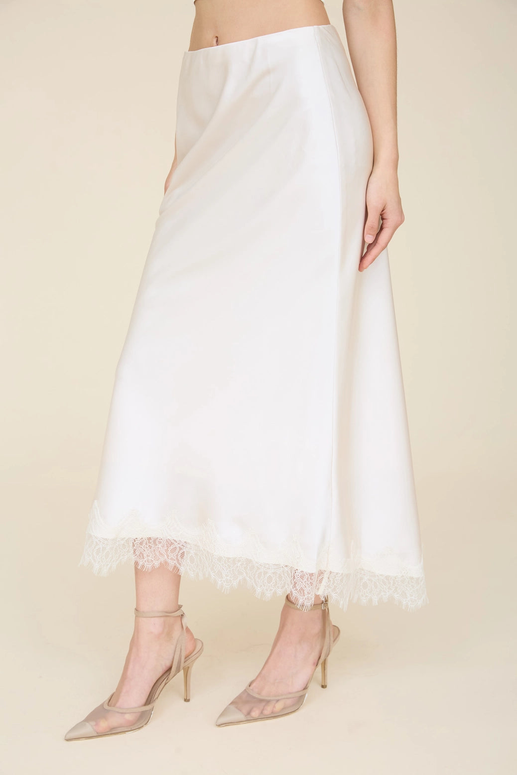Satin Lace Hem Midi Skirt